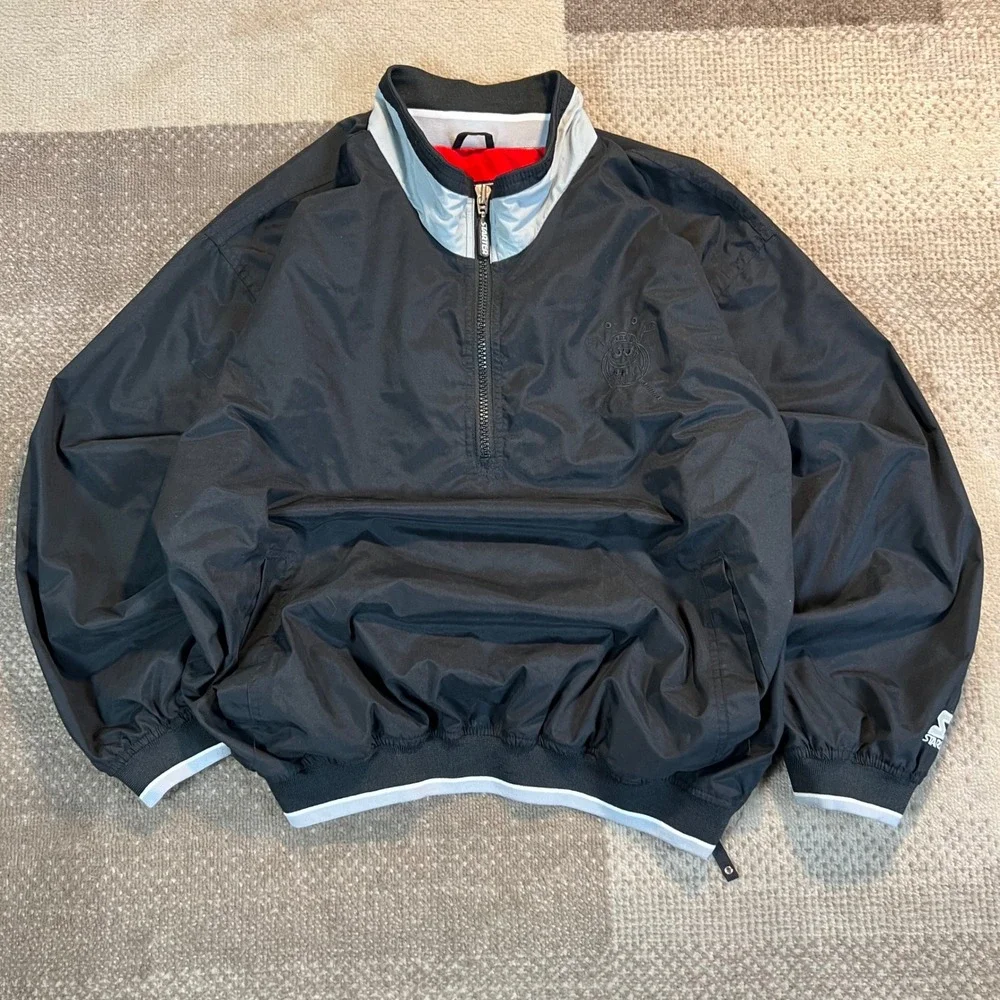 Vintage Starter Men XL Quarter Zip Windbreaker Jacket Black M&M Golf Embroidered